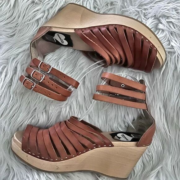 SWEDISH HASBEENS | Leather Sandals Clogs Wood Triple Ankle Strap | Size 40, US 9 - Picture 2 of 9